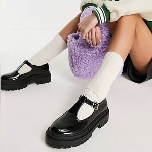 Size UK8/US10 ASOS RAID Boston Mary Jane Platforms Black Patent Faux Leather.